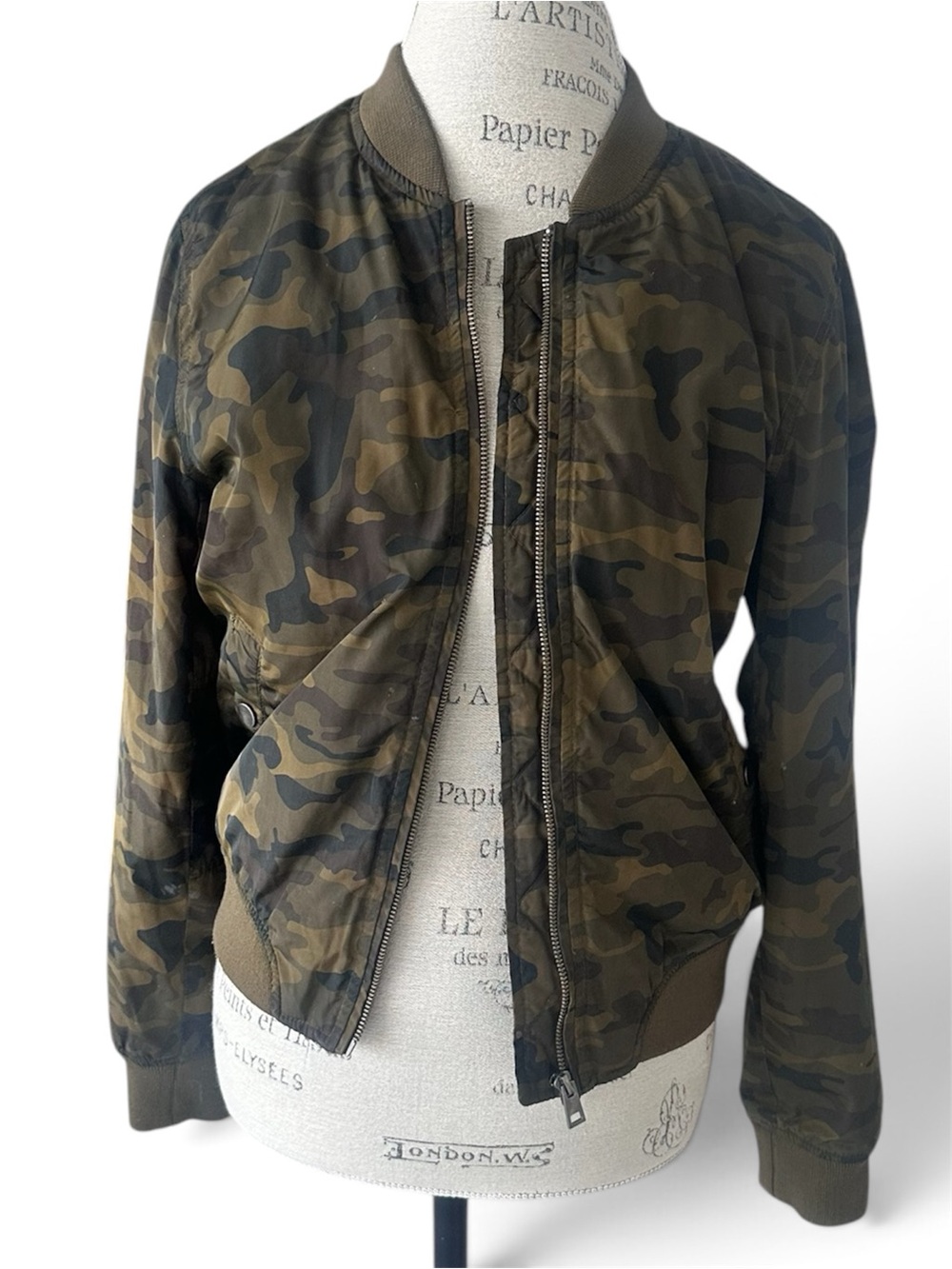 Xhilaration Camouflage Bomber Jacket in Olive and Dark Green